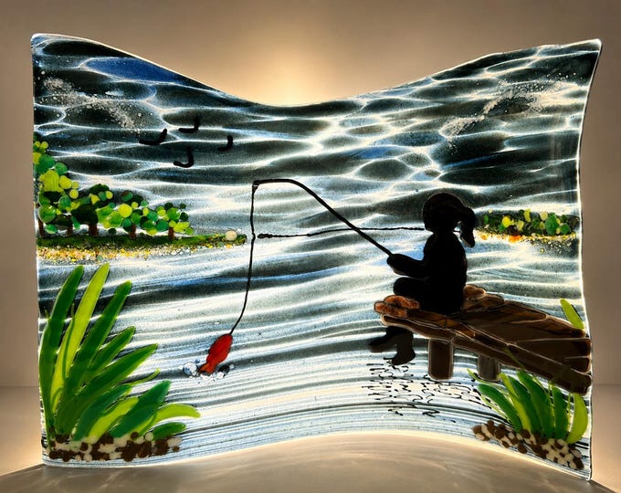Fused Glass Art Panel - Girl Fishing | Quiet Moments Series