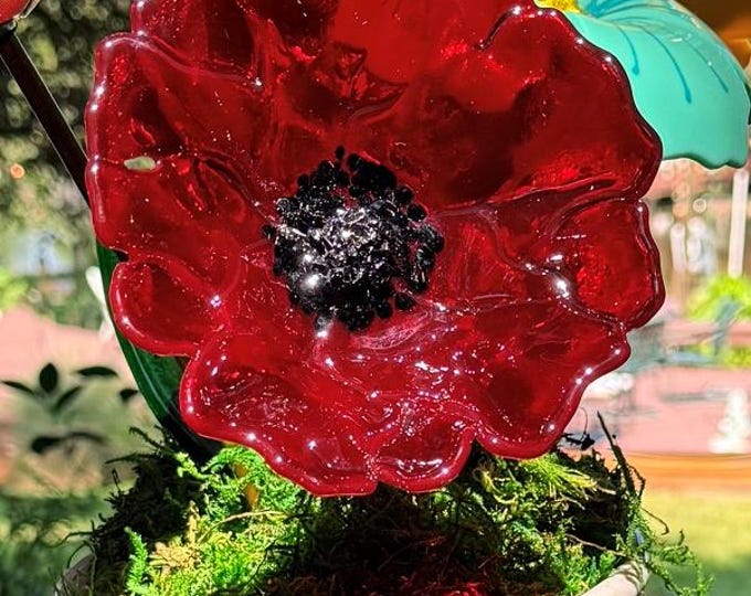 Forever Bloom Collection of Handmade Glass Garden Flowers - Transparent Red Poppy