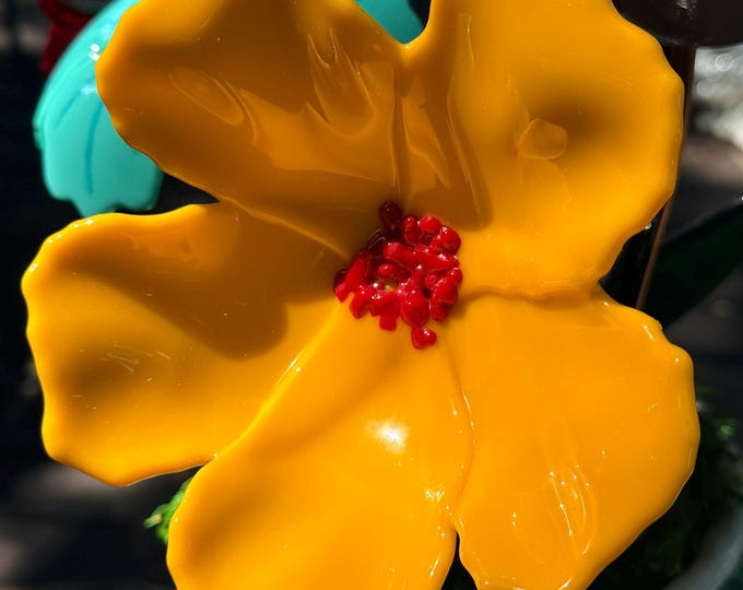 Forever Bloom Collection of Handmade Glass Garden Flowers - Yellow Hibiscus