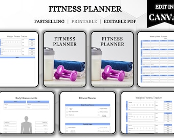Editable Fitness Planner Bundle | Workout Tracker, Habit Journal (Printable PDF)
