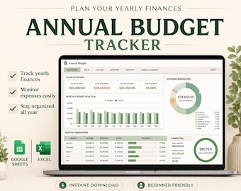 Annual Budget Spreadsheet | Excel and Google Sheets Finance Planner | Yearly Expense and Savings Template
