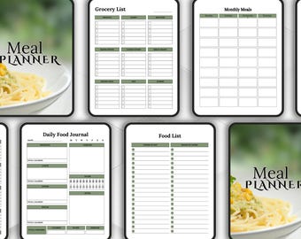 Puede incluir: Un conjunto de plantillas digitales para la planificación de comidas. Incluye una lista de la compra, un planificador de comidas mensual, un diario de alimentos diario y una lista de alimentos. La portada muestra pasta y el texto "Meal Planner". Fondo blanco, detalles verdes.