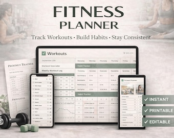 Bewerkbare fitnessplannerbundel | Workouttracker, gewoontedagboek (afdrukbare pdf)