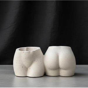 Peut inclure: Un pot de fleurs double beige clair en forme de fesses. Le pot a une surface texturée et deux ouvertures pour les plantes. Le fond est noir uni.