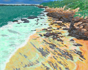 Obra de arte original em acrílico e impressão de Ocean Shore, 9''x12''