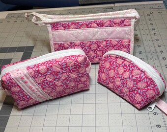Handmade Quilted Cosmetic Bag: Pink Floral Print, YKK Zipper