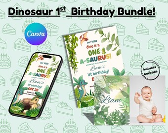 Dinosaur 1st Birthday Invitation – Jungle Green Canva Template (Digital)
