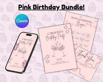 Pink Birthday Invitation Bundle – Elegant Canva Template (Digital)