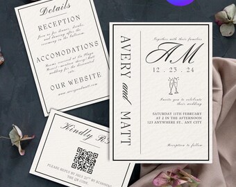 Minimalist Wedding Invitation Template: Monogram, QR Code, RSVP (Instant Download)