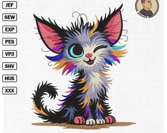 Colorful Whimsical Cat Machine Embroidery Design (Digital Download)