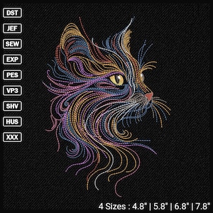 May include: An embroidered cat head profile with a detailed design in shades of yellow, orange, purple, and blue on a black background. The image includes text indicating available sizes: 4.8", 5.8", 6.8", and 7.8".
