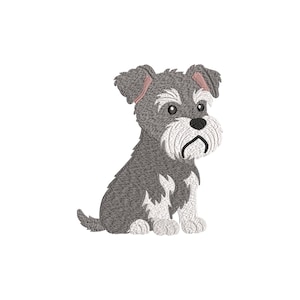 Op de afbeelding: Een geborduurde patch met een grijs-witte Schnauzer hond zittend in profiel. De hond heeft een getextureerde donkergrijze vacht, een witte baard en borst, zwarte ogen, een zwarte neus en roze binnenoren, weergegeven in een gedetailleerd stikpatroon.