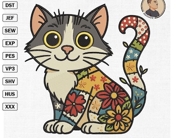 Patchwork Blumen Katze Stickdatei - Bunte Blumen Katze Stickdatei
