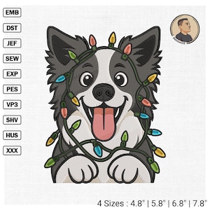 Könnte beinhalten: Gesticktes Design eines lächelnden Hundes mit einer festlichen Lichterkette. Der Hund ist schwarz, weiß und grau, mit herausgestreckter Zunge. Erhältlich in vier Größen: 12,2 cm, 14,7 cm, 17,3 cm und 19,8 cm.