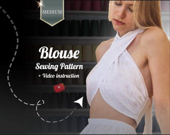 Linen Wrap Blouse Sewing Pattern PDF, Open Back Top Pattern, Summer Top Sewing Pattern, Halter Tie Top, Beginner Friendly