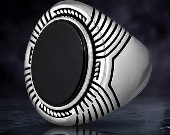 Black Onyx Signet Ring • 925 Sterling Silver Tribal Engraved Statement Ring
