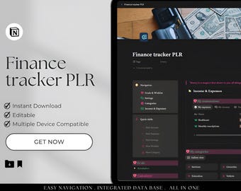 Plantilla de Notion para seguimiento de finanzas (PLR) / Planificador de presupuesto, seguimiento de gastos, organizador de ingresos, plantilla de Notion editable, descarga digital