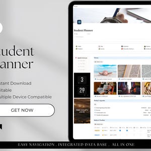Puede incluir: Un planificador digital para estudiantes que se muestra en una tableta. La interfaz del planificador incluye secciones para acciones rápidas, tableros de visión y una agenda diaria. El texto a la izquierda dice "Student Planner", "Instant Download" y "Editable".