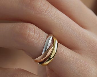 14K Solid Gold Tri-Color Rolling Ring, Triple Interlocking Bands, 2mm or 3mm