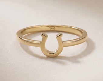 14K Solid Gold Horseshoe Ring, Dainty Lucky Charm Stackable Ring, Minimal Equestrian Jewelry