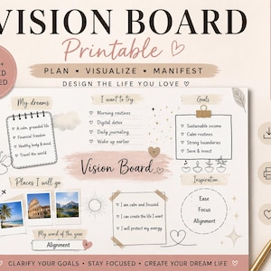 Könnte beinhalten: Eine druckbare Vision-Board-Vorlage mit Abschnitten für Träume, Ziele und Inspiration. Das Dokument enthält Text wie Vision Board, My dreams, I want to try und Places I will go, mit zartrosa und beigen Akzenten auf weißem Hintergrund.
