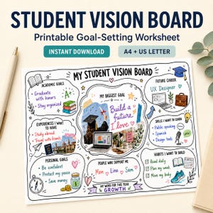 May include: A printable student vision board worksheet featuring hand-drawn illustrations and text sections for academic goals, future career, skills, habits, and personal goals. The central area includes a photo of a graduate and a laptop.