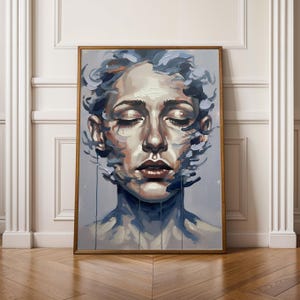 Arte abstrata surreal com rostos - suaves gotas azuis, decoração de parede emocionante.