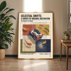 以下が含まれることがあります： 「Celestial Drifts: A Survey of Organic Abstration」と題された額入りのアートプリント。赤、黄、青、緑の抽象的な形がグリッド状に配置されています。「The Geometry of Dreams」というテキストも表示されています。木製の床がある部屋にプリントが展示されています。