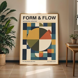 May include: A framed art print titled "FORM & FLOW" with "MODERN VISIONS" below. The artwork features a geometric design with a large circle divided into quadrants of yellow, orange, green, and white, set against a background of blue, yellow, and navy squares. The text "THE BAUHAUS ARCHIVE OCTOBER 2024" is at the bottom.