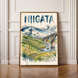 Plakat Niigata Ukiyo-e, fale przybrzeżne i most (prezent dla miłośników sztuki)