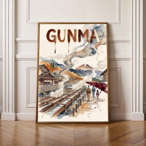 Impresión artística de Gunma Ukiyo-e: Letras rústicas con pincel, aguas termales de Kusatsu
