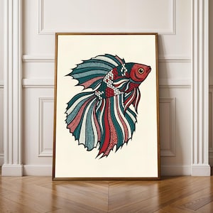 May include: A framed art print of a colourful betta fish illustration. The fish has a red head, with a body and fins in teal, red, and white. The artwork is displayed in a wooden frame, suitable for home decor.