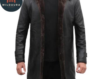 Men’s Black Shearling Leather Trench Coat | Handmade Long Winter Coat