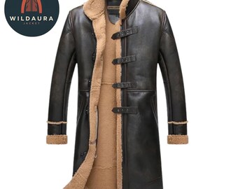 Sheepskin Shearling Trench Coat | Handmade Men’s Real Leather Coat | Long Winter Warm Overcoat