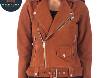 Damen Braune Wildleder Bikerjacke | Handarbeit Ausgefallene Wildleder | Benutzerdefinierte Größe | Stylische Motorrad-Oberbekleidung
