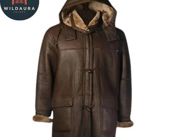 Bruine schapenvachtjas herenhoodie | Handgemaakte leren winterjas