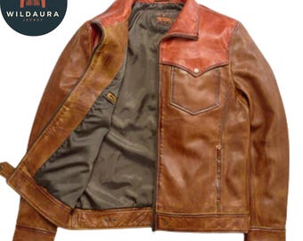 Męska skórzana kurtka w stylu western vintage | Ręcznie robiona oryginalna skóra | Klasyczny styl kowbojski | Odzież wierzchnia na zamówienie
