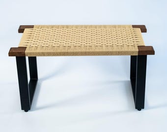 Mid Century Modern Eingangsbereich Holzbank, handgefertigte gewebte Schlafzimmerbank, gewebte Sitzschuhbank, Bauernhaus Wohnkultur Bank, Schlafzimmersitz