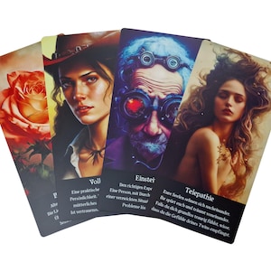 Puede incluir: Cuatro cartas de tarot con arte de fantasía. Las cartas presentan imágenes de una rosa, una mujer con sombrero, un hombre con gafas y una mujer con cabello suelto. El texto es visible en las cartas en alemán.