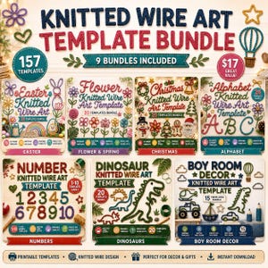 Könnte beinhalten: Ein digitales Bündel mit 157 Strickdraht-Kunstvorlagen, die Themen wie Ostern, Blumen, Weihnachten, Alphabet, Zahlen, Dinosaurier und Jungenzimmer-Dekor abdecken, inklusive farbenfroher Illustrationen und beschrifteter Etiketten für jedes Set.
