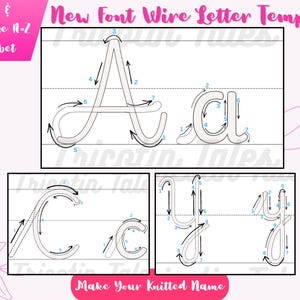 Op de afbeelding: Een roze en witte afbeelding met de tekst "Upper & Lowercase A-Z Alphabet" en "New Font Wire Letter Template". De afbeelding toont voorbeelden van de letters A, C en Y in hoofdletters en kleine letters, met genummerde pijlen die de volgorde van de streken aangeven.