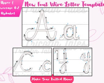 May include: A pink and white graphic with the text "Upper & Lowercase A-Z Alphabet" and "New Font Wire Letter Template." The image shows examples of the letters A, C, and Y in both uppercase and lowercase, with numbered arrows indicating stroke order.