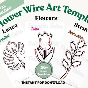 Op de afbeelding: Digitale download van een bloemendraadkunstsjabloon met bloemmotieven. De afbeelding bevat sjablonen voor een Monstera-blad, een tulp en een bloemstengel, elk met genummerde gidsen. De tekst luidt "Directe PDF-download."