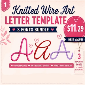 Könnte beinhalten: Eine digitale Vorlage für gestrickte Drahtkunst mit dem Text Knitted Wire Art Letter Template 3 Fonts Bundle. Das Bild zeigt drei Variationen des Buchstabens A in Pink, Rot und Lila, begleitet von kleinen Herzsymbolen und Text.