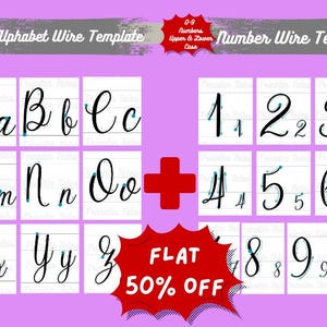 May include: A digital alphabet and number wire template set. The set includes uppercase and lowercase letters A-Z and numbers 0-9. The letters and numbers are in a black, cursive font on white backgrounds. A red starburst graphic indicates a 50% off sale.