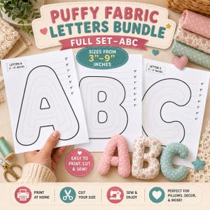May include: A Puffy Fabric Letters Bundle full set ABC digital pattern featuring printed templates for letters A, B, and C with size markings from 3 to 9 inches. Includes three finished fabric plush letters in pink, floral, and green polka dot patterns.