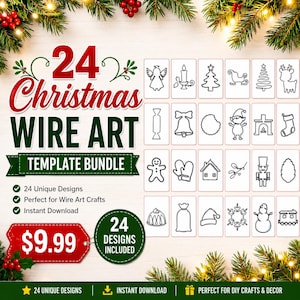 Könnte beinhalten: Ein digitales Vorlagenpaket mit dem Titel 24 Christmas Wire Art, das vierundzwanzig schwarz-weiße Strichzeichnungen von Weihnachtssymbolen enthält, darunter ein Engel, eine Kerze, ein Baum, ein Schlitten, ein Elf, ein Strumpf und ein Lebkuchenmann.
