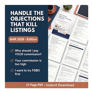 Może przedstawiać: Obraz promocyjny dla przewodnika po nieruchomościach zatytułowanego "Handle the Objections That Kill Listings". Okładka zawiera tekst "NAR 2026 - Edition". Przewodnik omawia typowe obiekcje, takie jak obawy dotyczące prowizji. Obraz zawiera również książkę zatytułowaną "Real Estate Objection Handling Playbook."