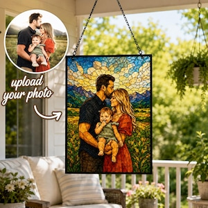 Custom Family Portrait Stained Glass Suncatcher, Personalized Rectangle Window Hanging Decor, Gift for Mom
