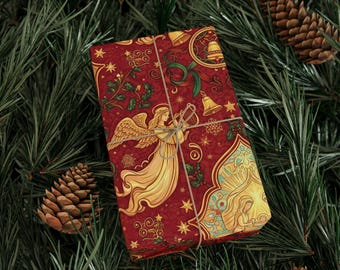 Christmas Angels Gift Wrap, Gold Accent Holiday Wrapping Paper